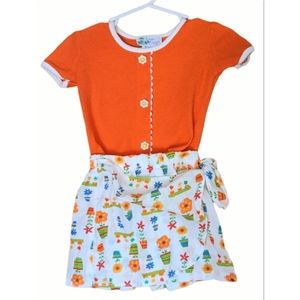 Vintage toddler outfit short sleeve orange top and white floral skirt 18m